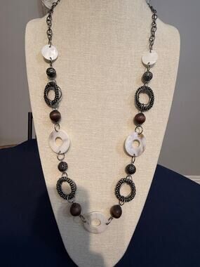 Vintage Wood Mother of Pearl Metal Necklace 32” Boho